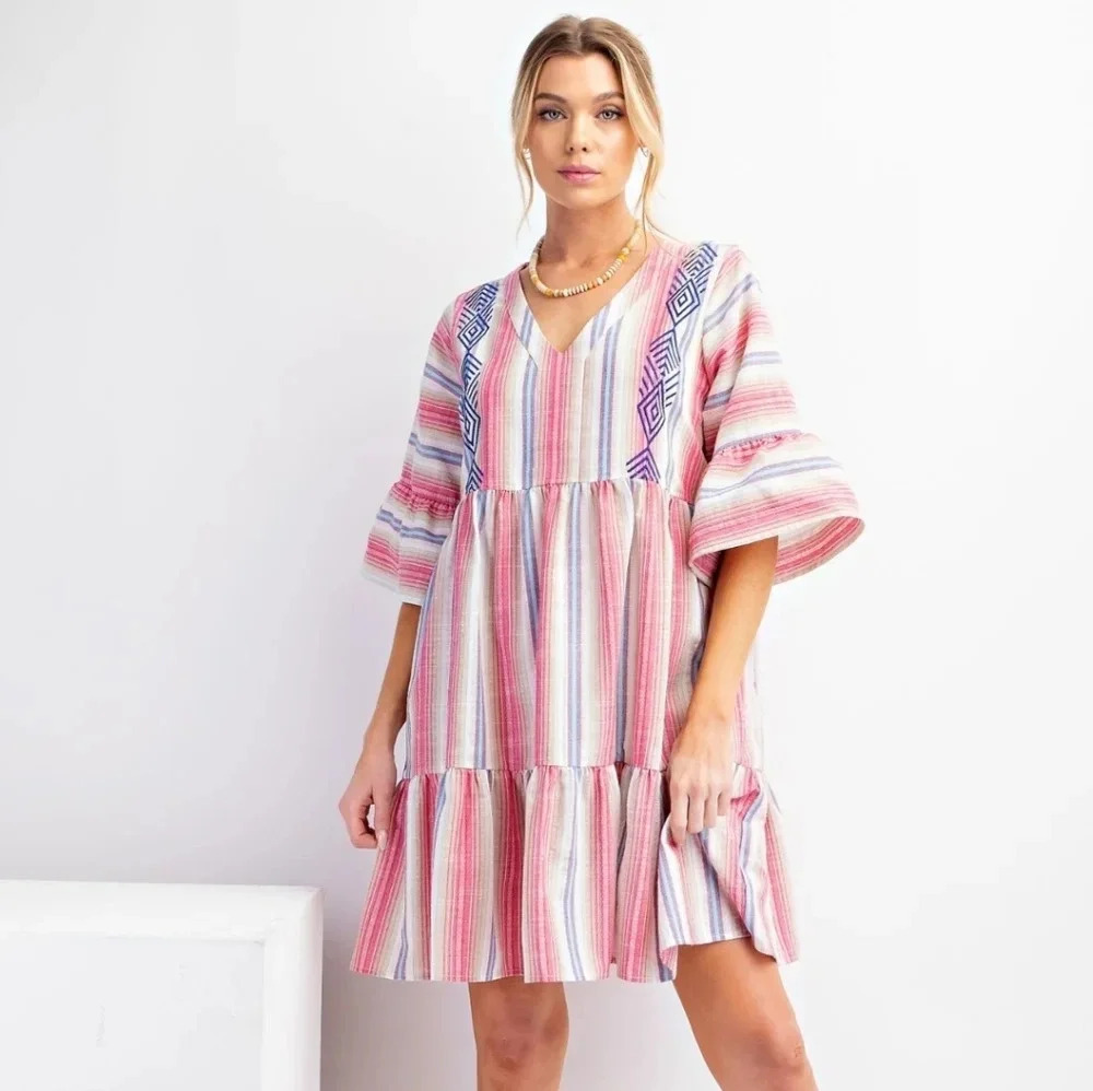 Easel Pink Striped Poly Linen Ruffle Bottom Dress New